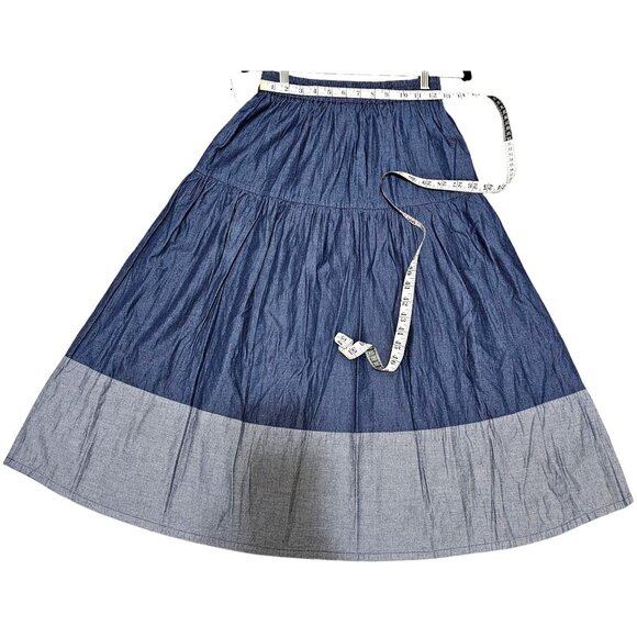 Tiered Denim Maxi Skirt Elastic Waist Two-Tone Contrast Hem Lightweight - Picture 4 of 4